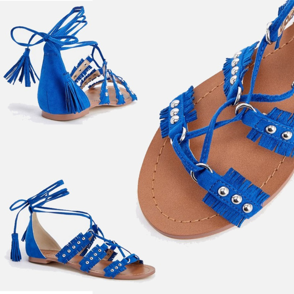 Nikole Lace Up Fringe Flat Sandals With Tassels - Picture 3 of 5